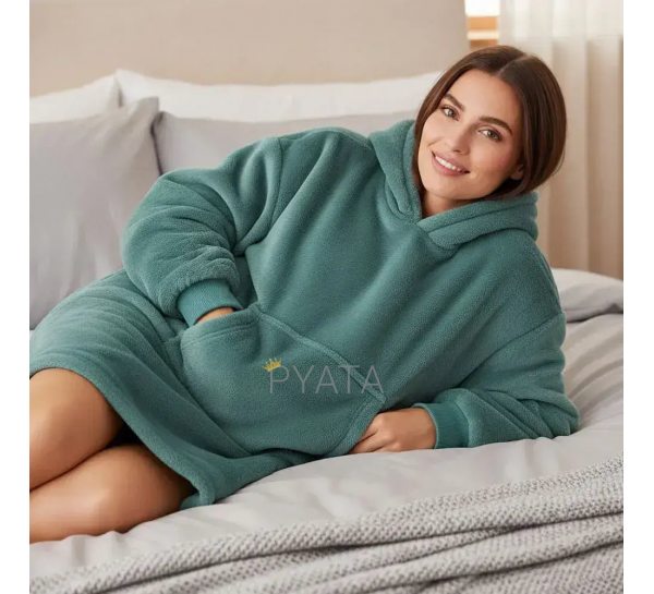 Теплый халат-плед толстовка с капюшоном 80х100 см Унисекс, HUGGLE HOODIE Зеленый