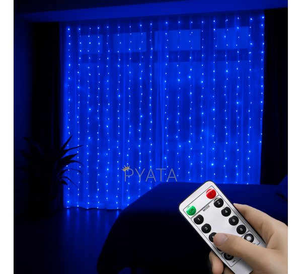 Гірлянда штора Завіса Роса 3×3 м із 300 LED-лампами USB з пультом, MA742 blue, Синій (ARSH)