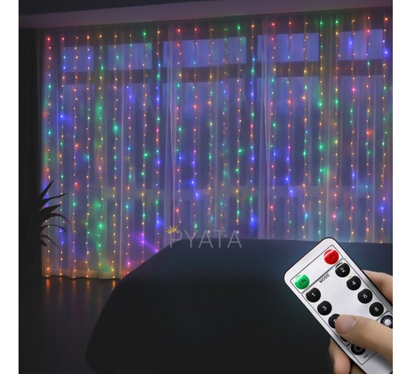 Гірлянда штора Завіса Роса 3×6 м із 600 LED-лампами USB з пультом, MA743 multi , Мультиколір (ARSH)