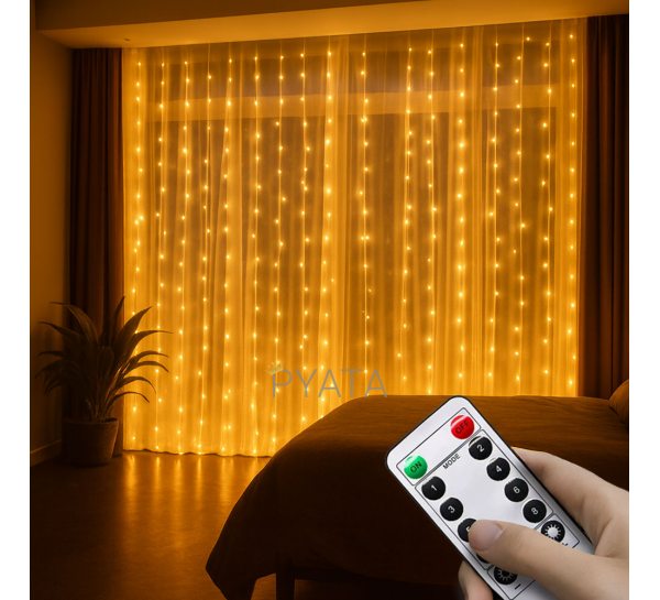 Гірлянда штора Завіса Роса 3×6 м із 600 LED-лампами USB з пультом, MA743 warmwhite , Теплий білий (ARSH)