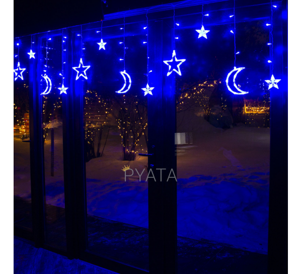 Гірлянда штора з фігурами зірка та місяць 2.5м*1м 220V синій MA139blue (ARSH)