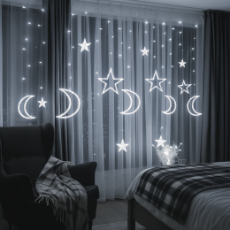 Гірлянда штора з фігурами зірка та місяць 2.5м*1м 220V білий MA139 white (ARSH)
