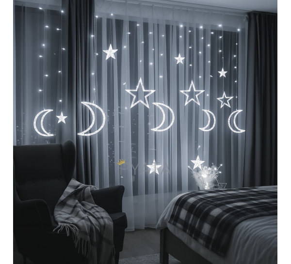 Гірлянда штора з фігурами зірка та місяць 2.5м*1м 220V білий MA139 white (ARSH)