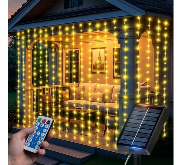 Гірлянда “Штора” 3×2 м Warm White на сонячній батареї з пультом LU997, 180 LED, Теплий білий (ARSH)