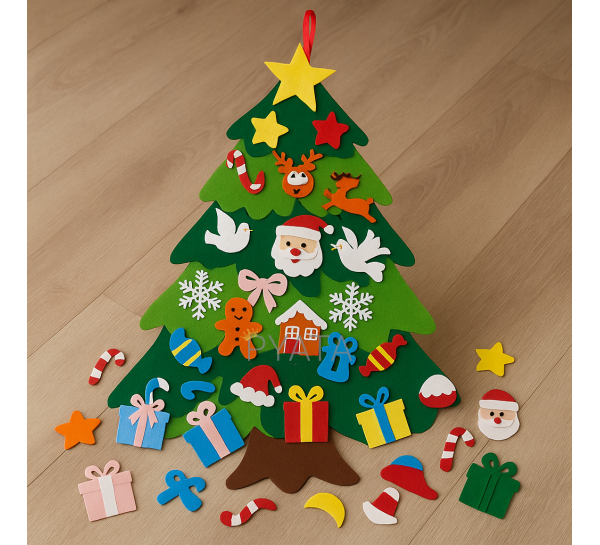 Ялинка з фетру з іграшками на липучці 95 х 70 см/25 іграшок Салатовий-зелений