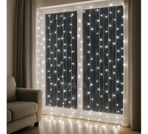 Декоративна LED гірлянда-штора прозорий провід 480 LED 220В 3х3 м Білий