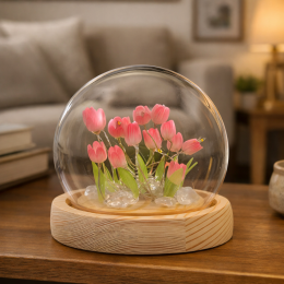 Настільний світлодіодний нічник-колба на дерев'яній підставці "Тюльпани в колбі" (вмілі ручки) (AX)