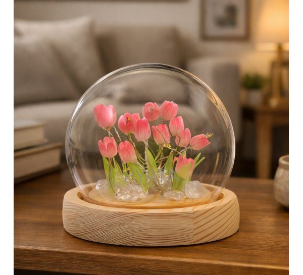 Настільний світлодіодний нічник-колба на дерев'яній підставці "Тюльпани в колбі" (вмілі ручки) (AX)