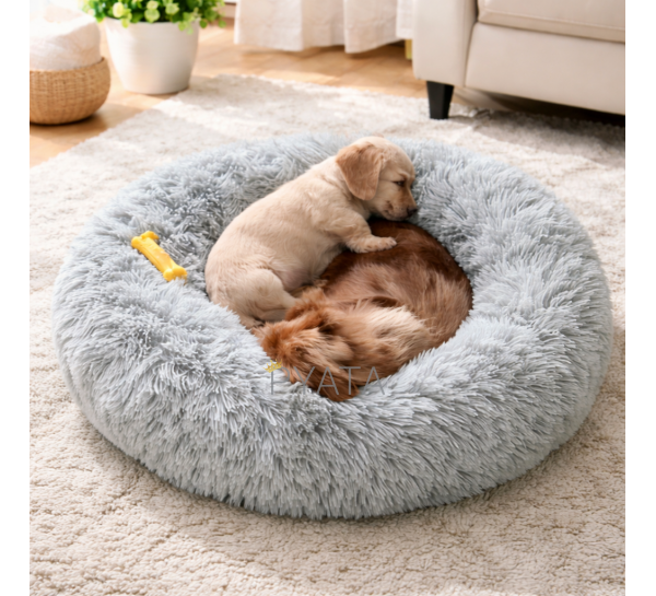 Пушиста кругла лежака пуфик для тварин, собак, кішок MA819 50см Сірий (ARSH)