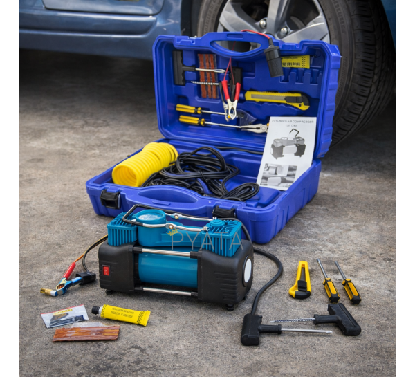 Двухпоршневой аккумуляторный автомобильный компрессор с набором инструментов в кейсе MA811 Синий (ARSH)