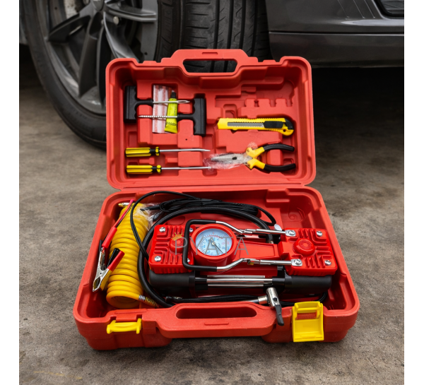 Двухпоршневой аккумуляторный автомобильный компрессор с набором инструментов в кейсе MA810 Красный (ARSH)