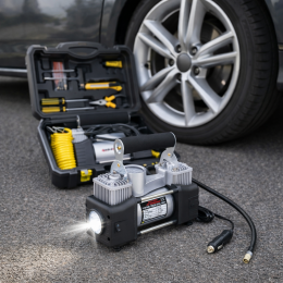 Аккумуляторный автомобильный компрессор с набором инструментов в кейсе  MA608 Черный (ARSH)
