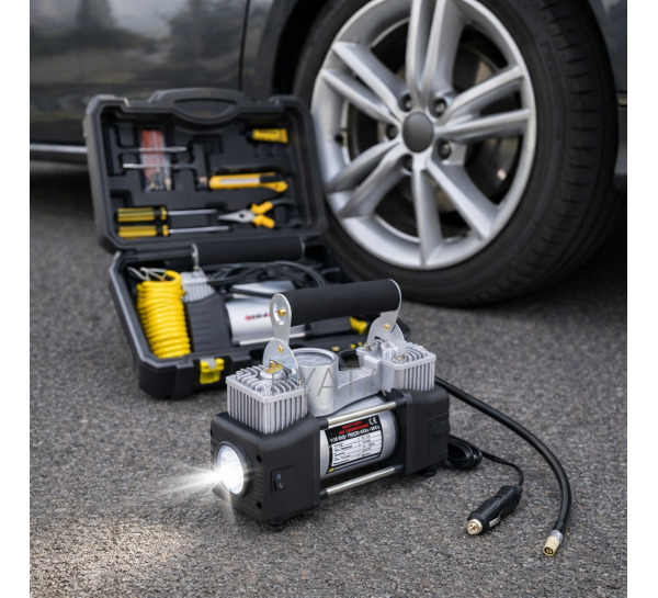 Аккумуляторный автомобильный компрессор с набором инструментов в кейсе  MA608 Черный (ARSH)