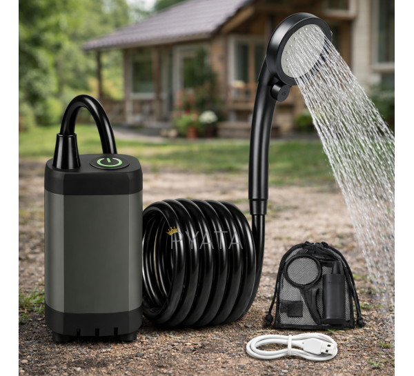 Портативный кемпинговый аккумуляторный душ с насосом и дисплеем температуры 2м 6000mAh Чёрный (ARSH)