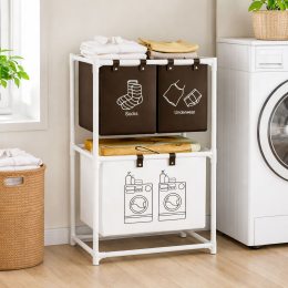 Двоярусний кошик для білизни Dirty Laundry 1036 (3 відділення) 95×55×25 см, білий (AMN)