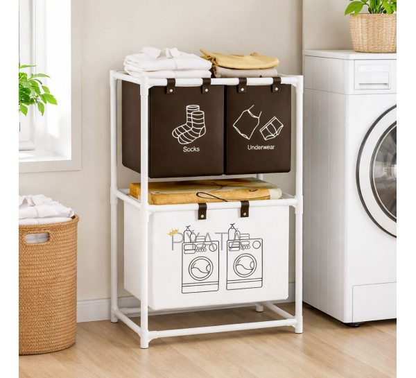Двухъярусная корзина для белья Dirty Laundry 1036 (3 отделения) 95×55×25 см, белая (AMN)