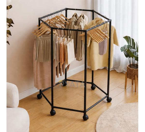 Передвижная напольная стойка-вешалка для одежды на колесах шестиугольная передвижная Черный 3066 (509/3066)