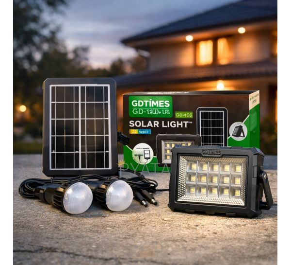 Сонячна станція-панель з ліхтарем та лампочками в комплекті 3шт GDTimes GD-106 4000 mAh 30W (TOL)