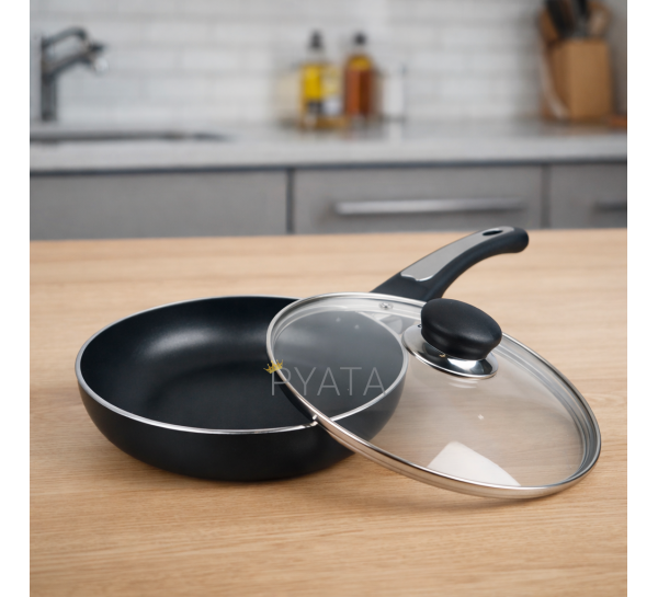 Алюмінієва сковорода з антипригарним покриттям, індукційне дно, скляна кришка MR-1203-24 24 см (235)