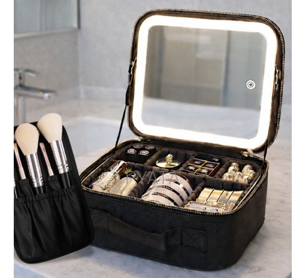 Косметичка-чемодан жіноча дорожня з дзеркалом і підсвіткою 26х23х11 см, Чорний (JM/7590)