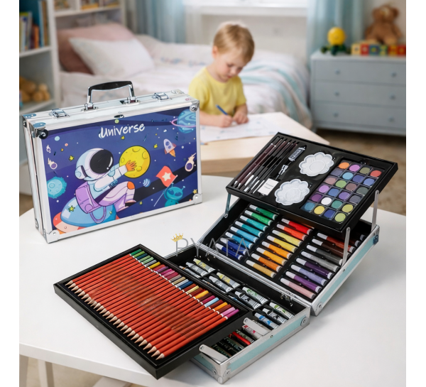 Набір для творчості, малювання (олівці, фарби, маркери) в кейсі "Космонавт" 145 шт. предметів алюмінієва валіза Синій (509/4658)