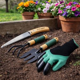 Набір садових інструментів Garden Tools 4в1( рукавиці з кігтями, розпушувач, садова вилка, пила)