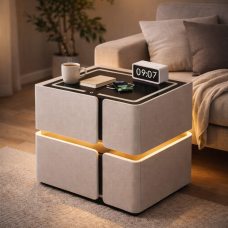 Прикроватная тумба SZXF01 белая из экокожи с LED подсветкой, беспроводной зарядкой, колонкой и USB(Х59/17584)