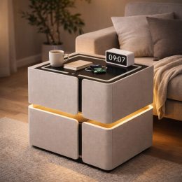 Приліжкова тумба SZXF01 біла з екошкіри з LED підсвіткою, бездротовою зарядкою, колонкою та USB(Х59/17584)