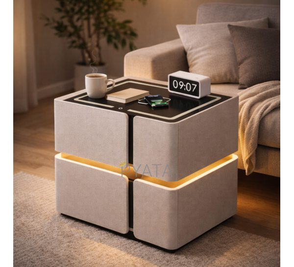 Приліжкова тумба SZXF01 біла з екошкіри з LED підсвіткою, бездротовою зарядкою, колонкою та USB(Х59/17584)