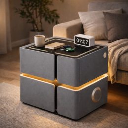 Приліжкова тумба SZXF01 сіра з екошкіри з LED підсвіткою, бездротовою зарядкою, колонкою та USB(Х59/17585)