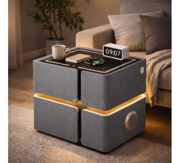 Приліжкова тумба SZXF01 сіра з екошкіри з LED підсвіткою, бездротовою зарядкою, колонкою та USB(Х59/17585)