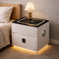 Смарт тумба приліжкова QYJXF02 з екошкіри LED підсвітка, бездротова зарядка Qi, USB, Bluetooth аудіо, Білий (Х59/17586)
