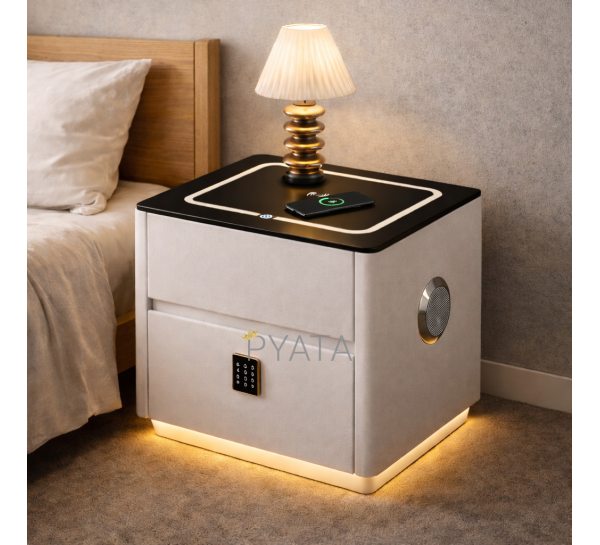 Тумба прикроватная QYJXF02 из экокожи LED подсветка, беспроводная зарядка Qi, USB, колонка, Белый (Х59/17586)