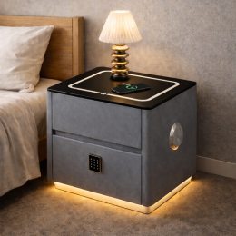 Тумба прикроватная QYJXF02 из экокожи LED подсветка, беспроводная зарядка Qi, USB, колонка, Серый (Х59/17586)