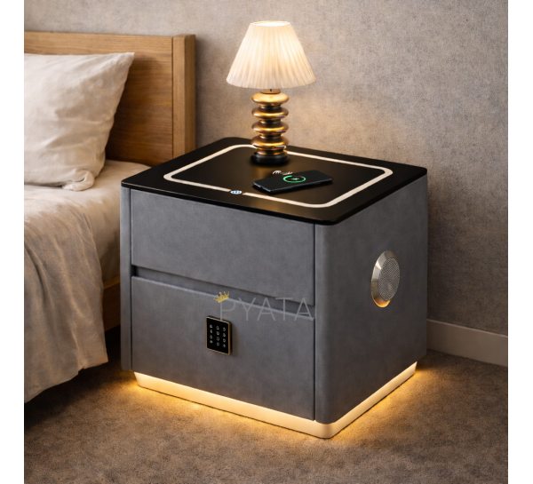 Смарт тумба приліжкова QYJXF02 з екошкіри LED підсвітка, бездротова зарядка Qi, USB, Bluetooth аудіо, Сірий (Х59/17587)
