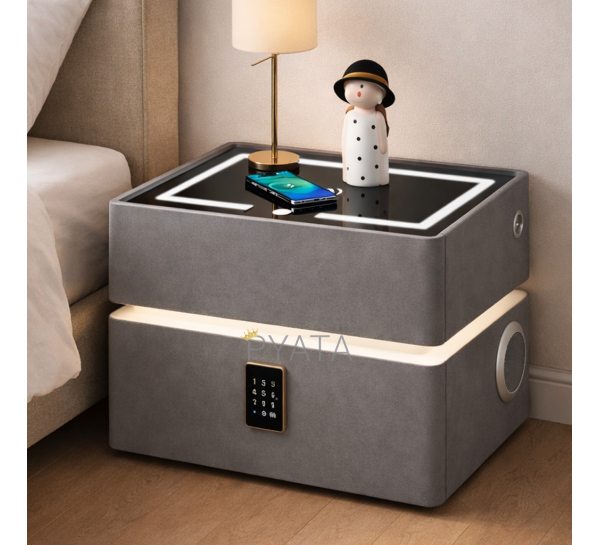 Тумба приліжкова XF01 з Bluetooth колонкою, зарядкою Qi, LED підсвіткою та USB 50×41×48, Сірий (Х59/17589)