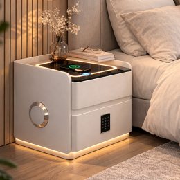 Тумба прикроватная YJXF01 из экокожи, LED подсветка, Bluetooth аудио, беспроводная зарядка, USB, Белая (Х59/17590)