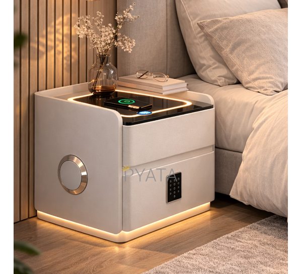 Тумба прикроватная YJXF01 из экокожи, LED подсветка, Bluetooth аудио, беспроводная зарядка, USB, Белая (Х59/17590)
