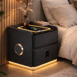 Тумба прикроватная YJXF01 из экокожи, LED подсветка, Bluetooth аудио, беспроводная зарядка, USB, Серая (Х59/17591)