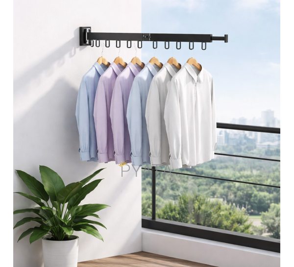 Сушилка для белья настенная складная 56 см черная с петлями для вешалок металлическая (626/VEN-BG01-5)