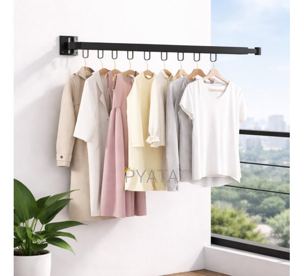 Сушилка для белья настенная складная 91 см черная с петлями для вешалок металлическая (626/VEN-B)