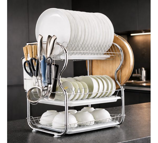 Сушилка для посуды настольная 3-ярусная с поддонами и крючками для чашек 55×24×39 см (626/VENH6)