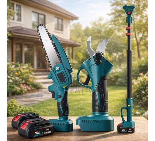 Комплект садових приладів з подовженою ручкою TANU пила, секатор та подовжена ручка 3в1 в кейсі 48 Vh