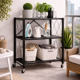 Стелаж складаний металевий 3 яруси на колесах 89x72x34 см для зберігання, чорний (626/SAM-018-С45/2)
