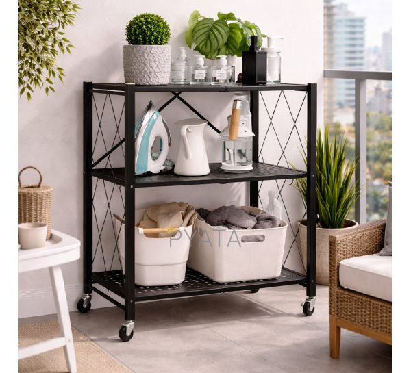 Стелаж складаний металевий 3 яруси на колесах 89x72x34 см для зберігання, чорний (626/SAM-018-С45/2)