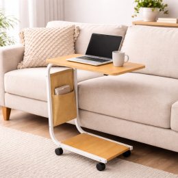 Журнальний столик С-подібний мобільний на колесах компактний приліжковий, Світле дерево (626/VEN-1394)