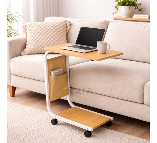 Журнальний столик С-подібний мобільний на колесах компактний приліжковий, Світле дерево (626/VEN-1394)