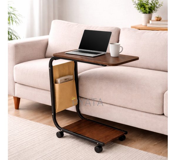 Журнальний столик С-подібний мобільний на колесах компактний приліжковий, Темне дерево (626/VEN-1394)