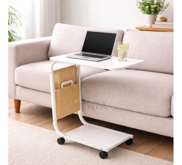Журнальний столик С-подібний мобільний на колесах компактний приліжковий, Білий (626/VEN-1394)