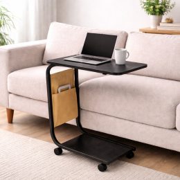 Журнальний столик С-подібний мобільний на колесах компактний приліжковий, Чорний (626/VEN-1394)